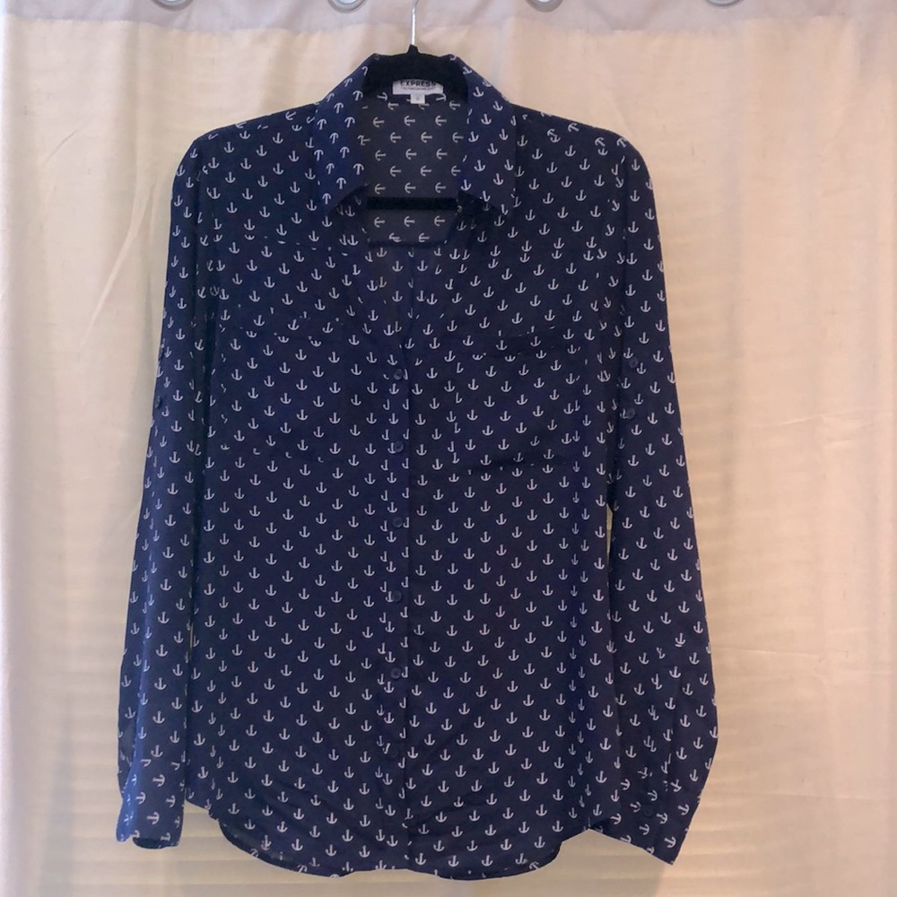 EXPRESS blue silky button-down business top, size M